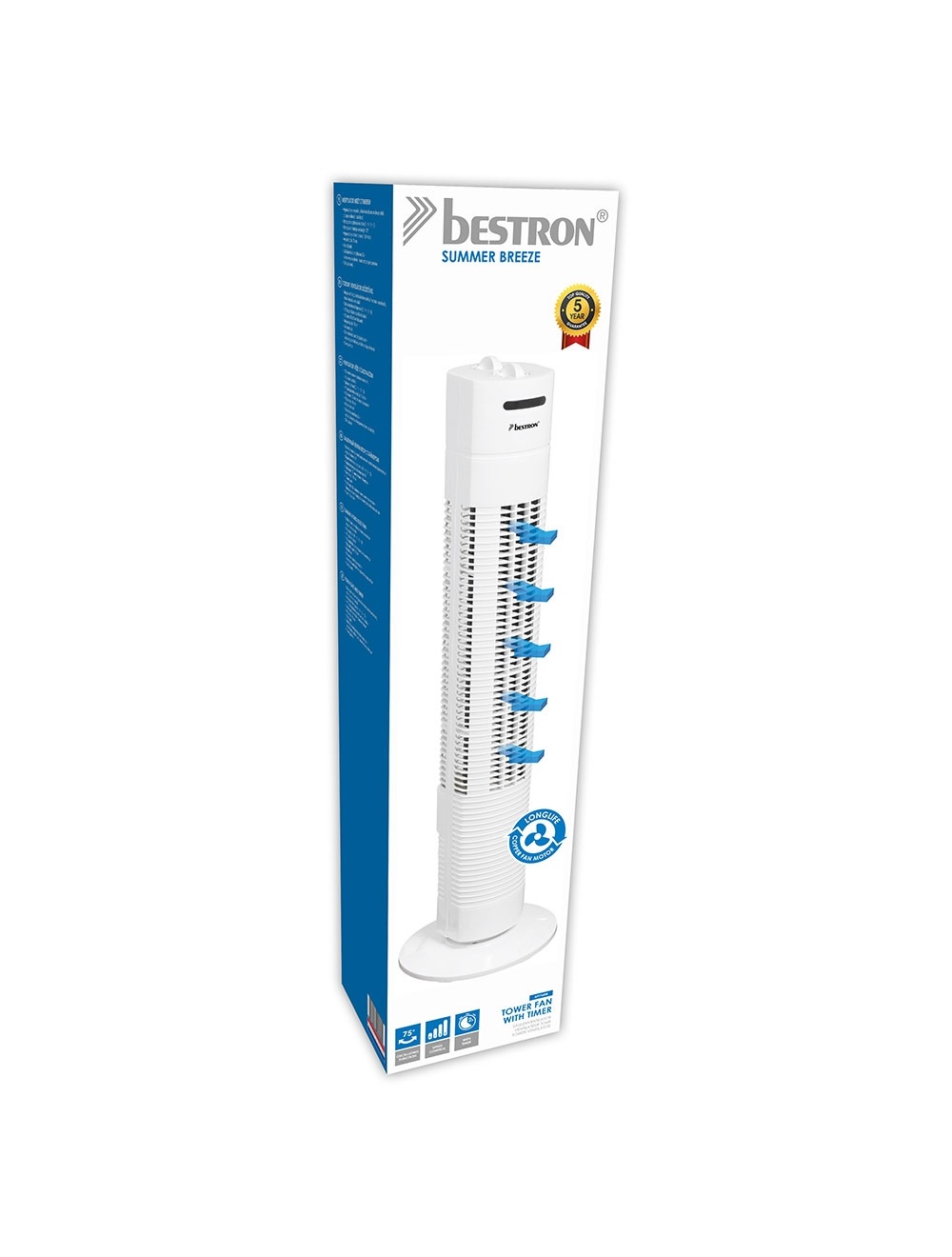 Ventilatore A Torre Bestron 75cm - 3 Velocit&agrave;, Oscillante, 50W, Nero, Timer 2h